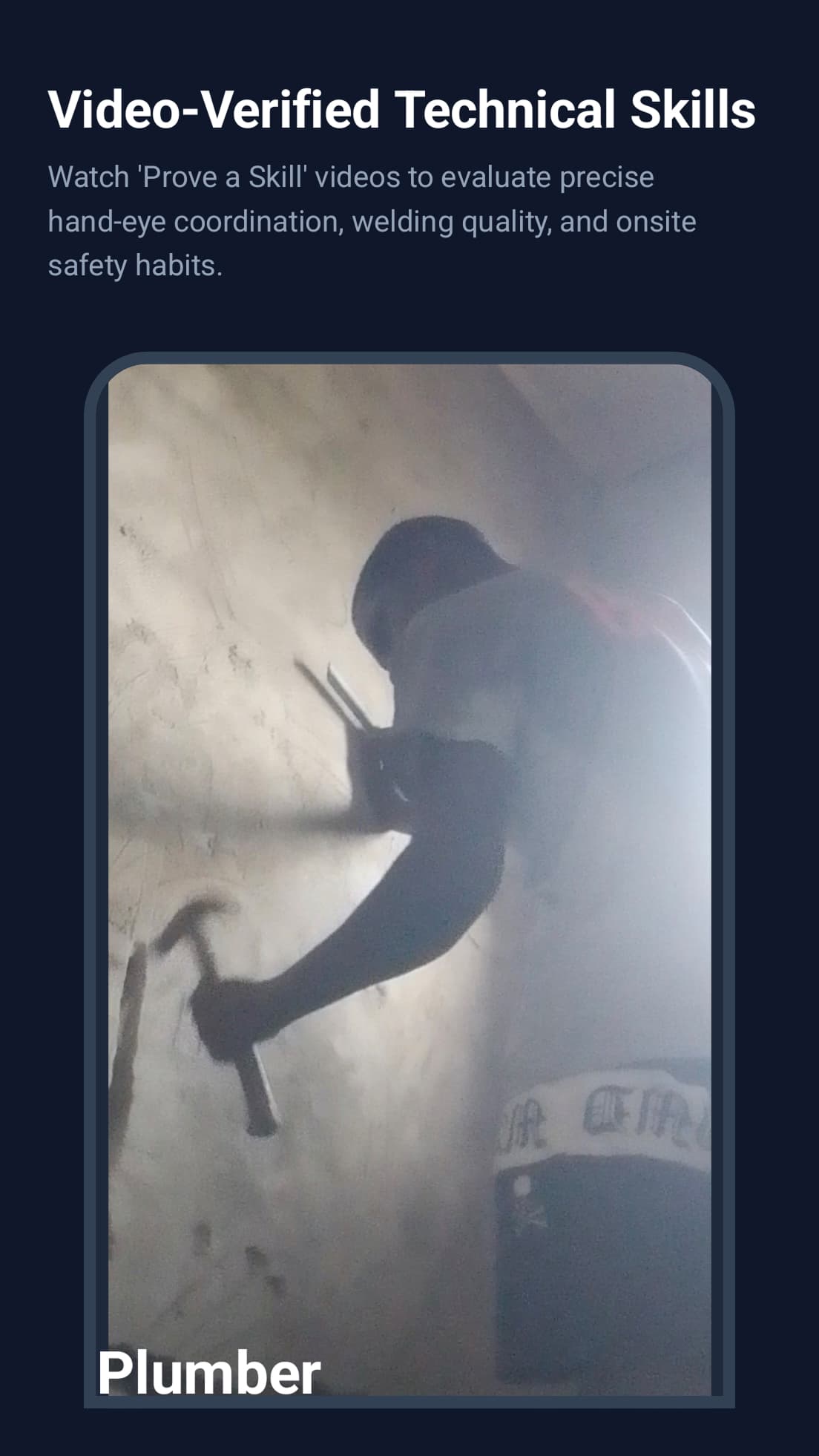 Hire construction workers platform - Prove a skill video verification screen displaying certified tradespeople qualifications